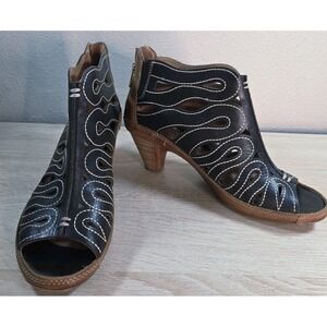 Pikolinos Leather Cutout Peep Toe Bootie Heels Brown Black Size 38 Spain